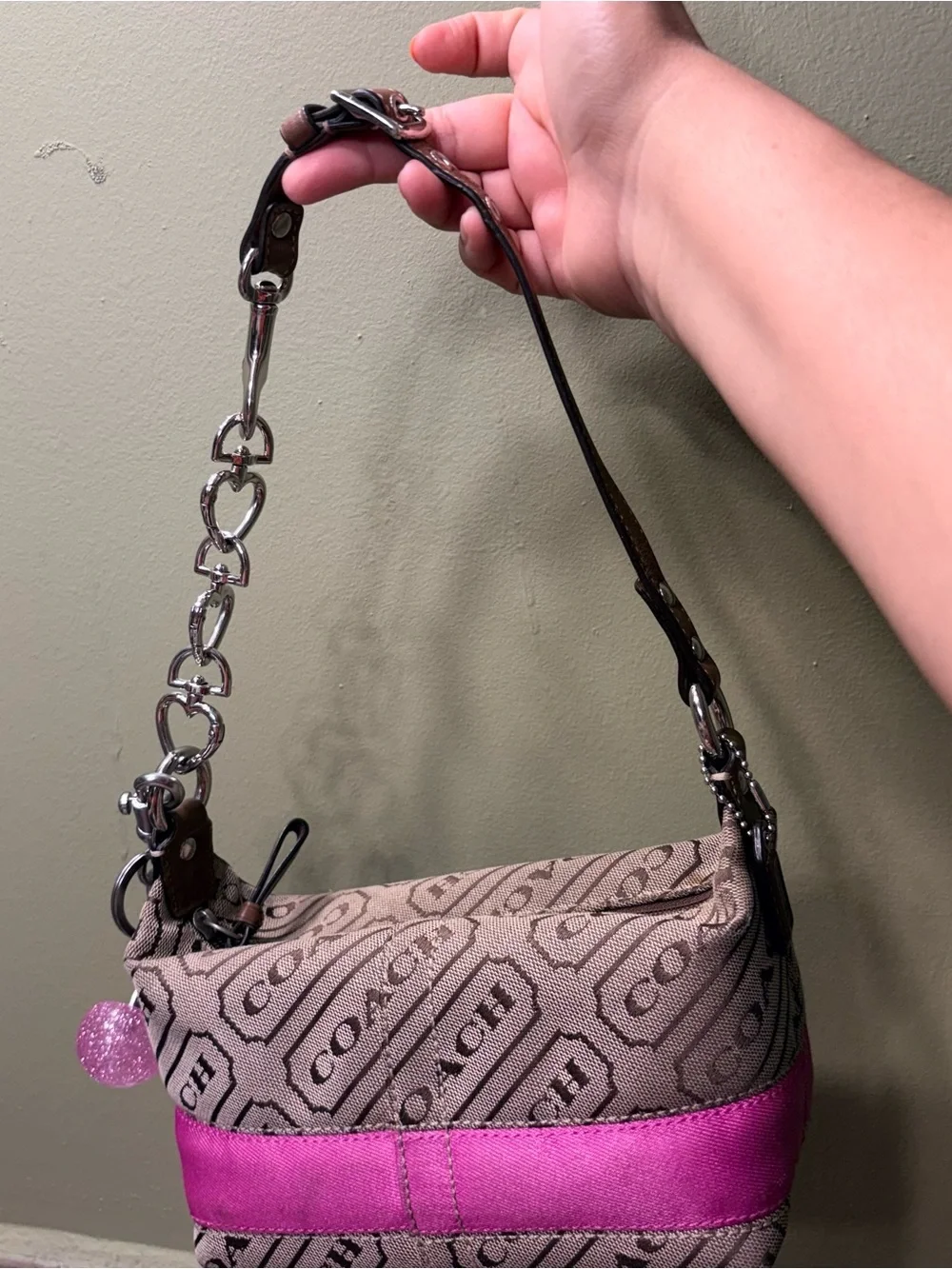 Coach Mini Shoulder Bag in Beige Canvas with Pink Trim